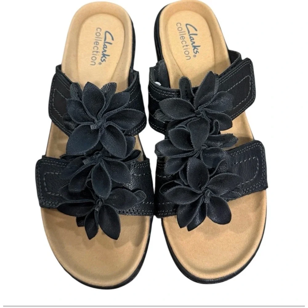 Clarks Merliah Raelyn Black Leather Floral Slide Wedge Sandals Womens 7 M